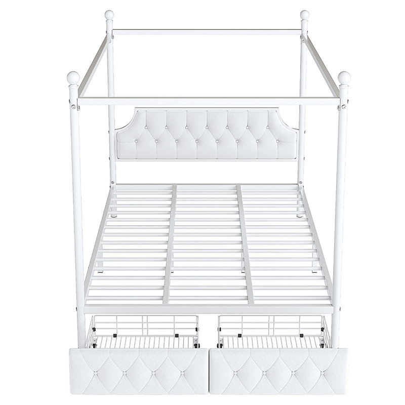 Queen Size Metal Canopy Platform Bed With Upholstered Headboard And Two Storage Drawers