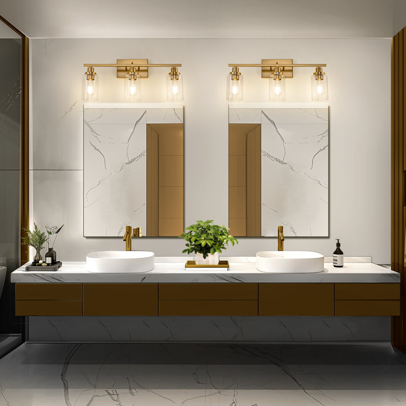 Éclairage de meuble-lavabo à intensité variable avec abat-jour en verre transparent Breeonna, Noir mat / Or, 3