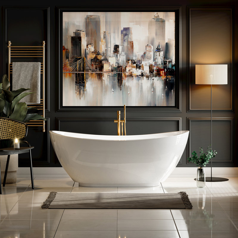 69" X 29" Freestanding Soaking Acrylic Bathtub, In White, With Polished Chrome Overflow And Drain