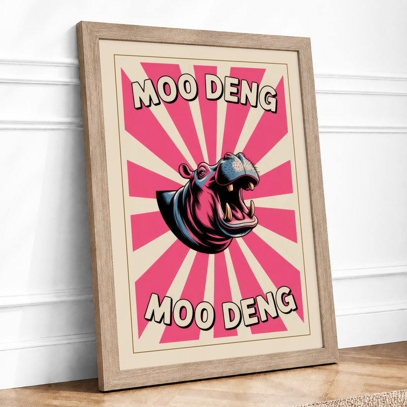 Moo Deng Roar Retro - Framed Print, Oak, A3 - 42.0 x 29.7 cm