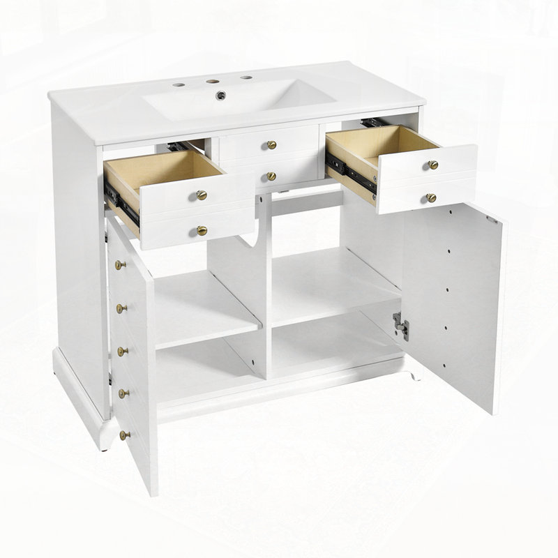 Armoire de rangement pour salle de bain avec lavabo en résine et 2 tiroirs, Blanc