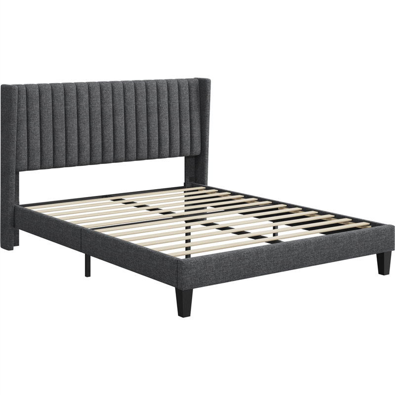 Dark Gray Queen Upholstered Platform Bed with Tufted Headboard
