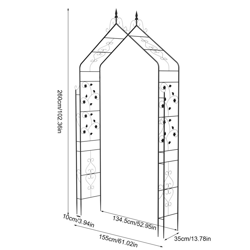 260cm Gothic Metal Garden Arch Trellis for Climbing Plants, Black