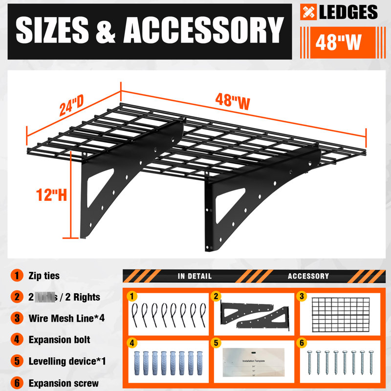 Étagère murale robuste 24 * 48 pouces, noire. 2 Pour le garage et le magasin d'alimentation. Espace de rangement copieux, capacité de charge élevée. Installation simple avec niveau de kit de montage. Vis fines