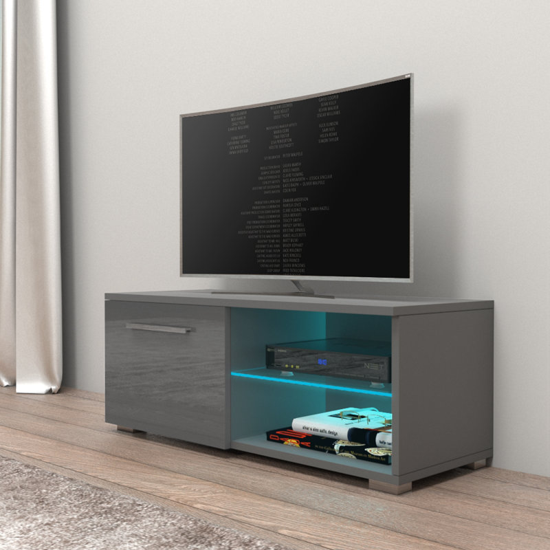 Asbury 15.75" Modern TV Stand with LED Lighting, High Gloss Finish, Gray