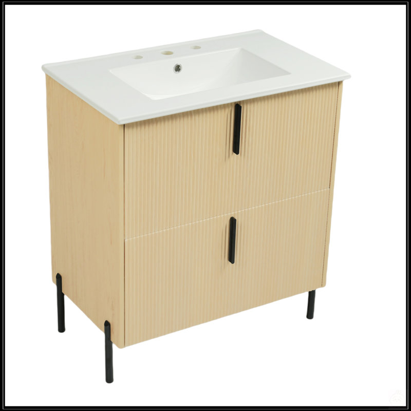 Meuble-lavabo de 30 pouces avec lavabo en céramique, tiroirs pleine extension, glissières à fermeture en douceur, conception cannelée
