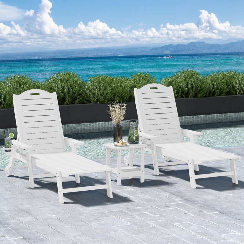Brighton Outdoor 3-Piece Poly Reclining Chaise Set With Wheels & Cup Holder, White