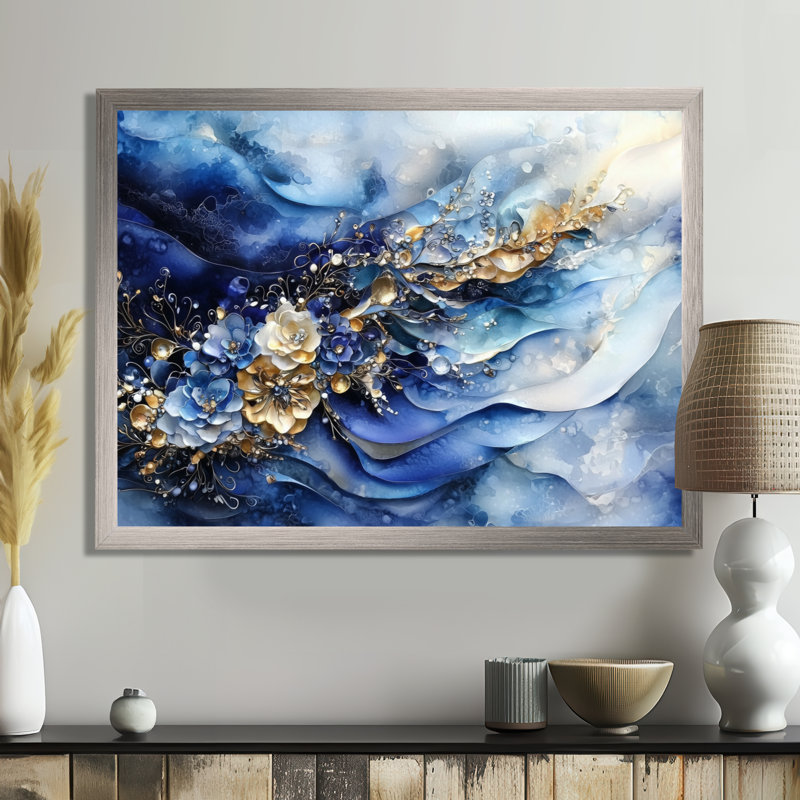 Abstrait bleu doré brise de mer - art mural côtier, H 12 po x l 20 po, Reproduction encadrée d'une seule photo sans pass