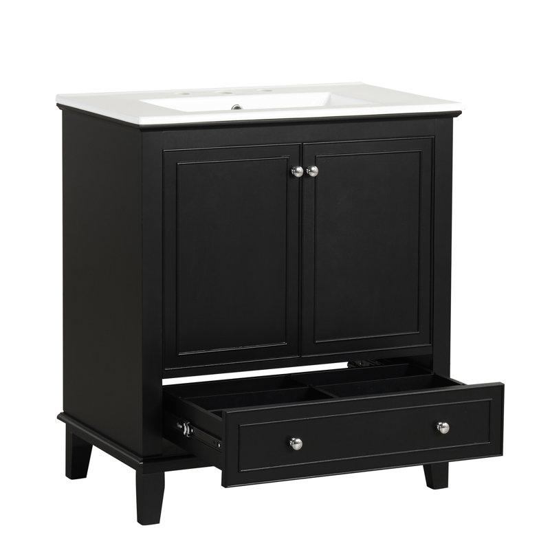 Meuble-lavabo de 30 po avec option de lavabo en céramique - bois massif et lavabo noir et armoire, moderne