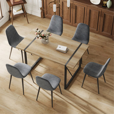 Table And Chair Set, Upholstered Side Chairs In A Modern Medieval Style, 6 Dark Grey Dining Chairs And A Rustic Industrial Rectangular Wood Color MDF Dining Table