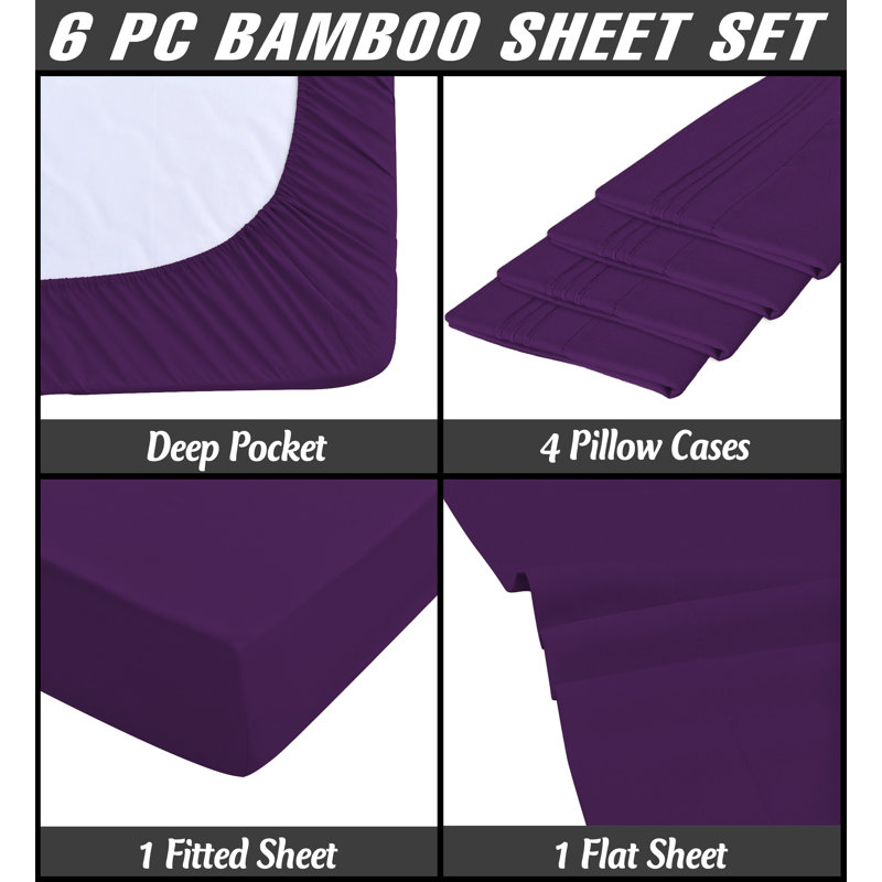 Premium Rayon From Bamboo 6 Pc Sheet Set With Deep Pockets, Cooling, Cal.King Sheet Set with 4 Pillowcase, Purple