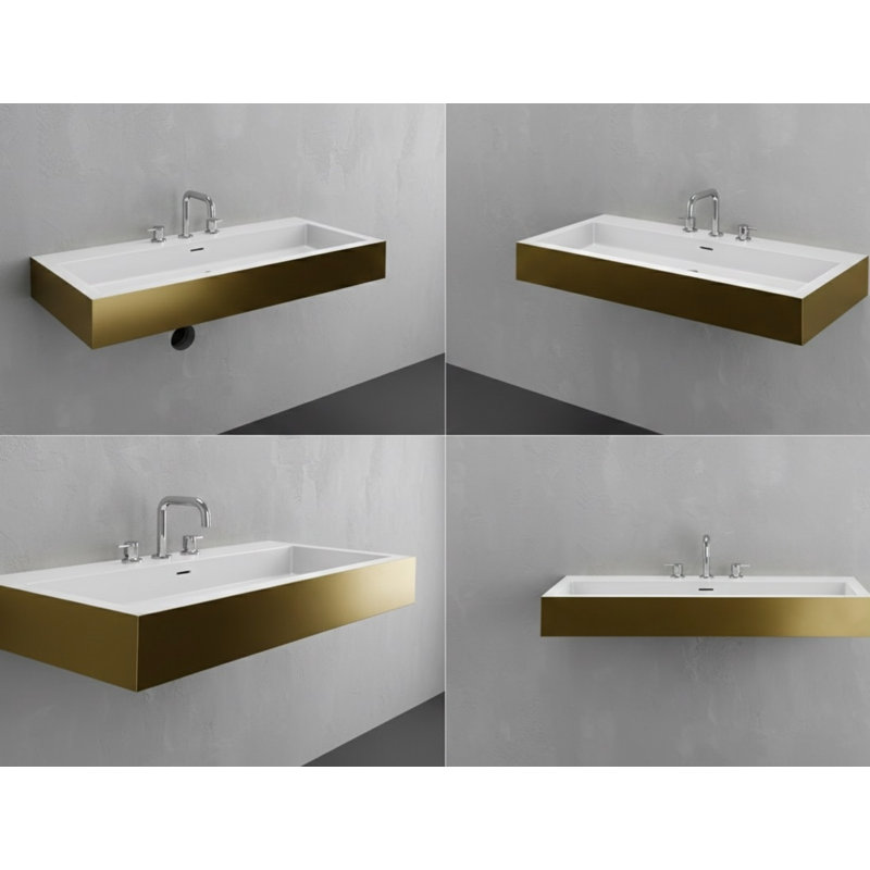 Lavabo de salle de bain mural rectangulaire L 39,4 po x l 18,9 po Vast Studio - Laiton vieilli / béton surélevé blanc