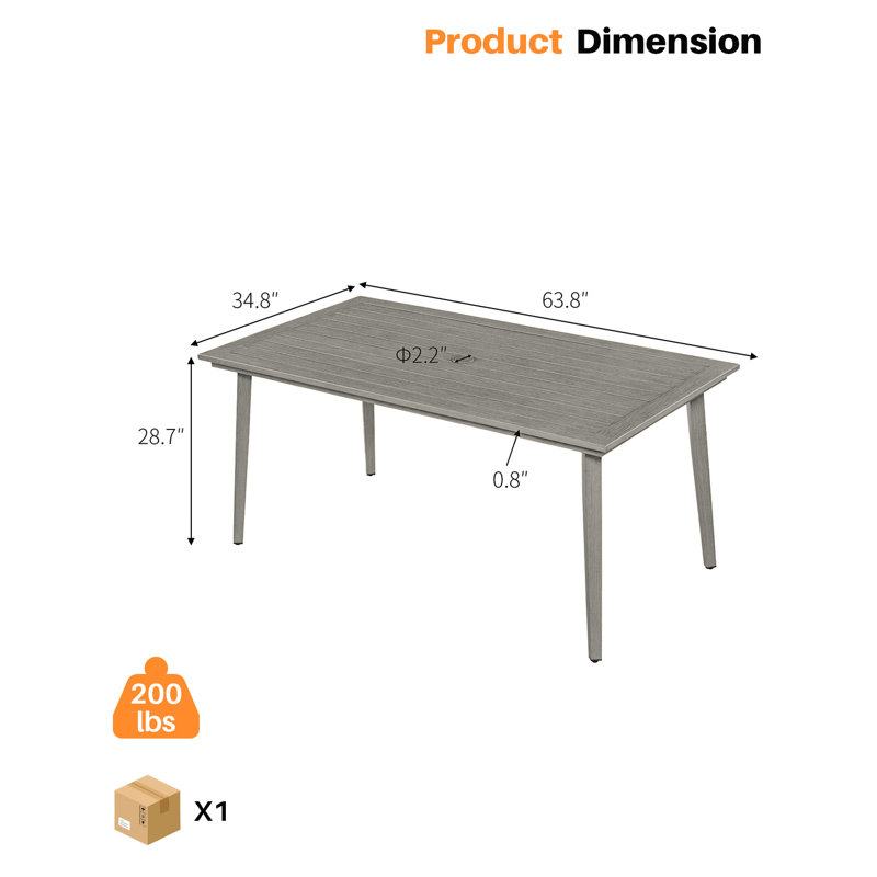 Table de jardin en aluminium pour 8 personnes, avec trou pour parasol de 5,6 cm, résistante aux intempéries, idéale pour terrasse, jardin, véranda ou pelouse. Finition en chêne blanchi.