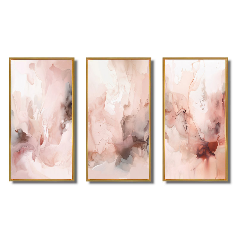 3 pièces sur toile - marbre délicat abstrait rose, Cadre flottant doré, H 20 po x l 36 po