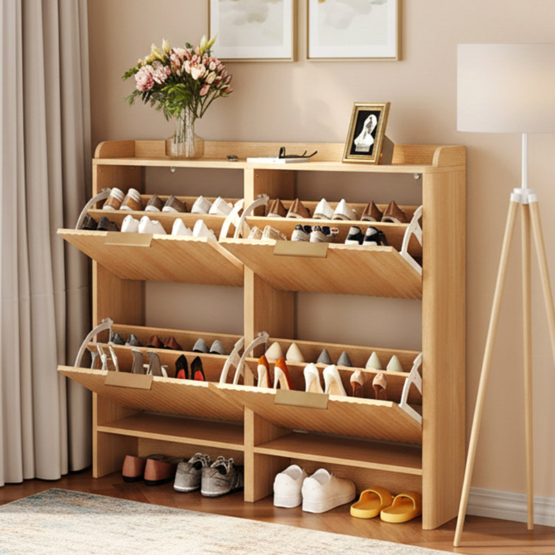 42.9 Inch Slatted Style 4 Flip Door Shoe Cabinet With Tabletop Baffle, Oak