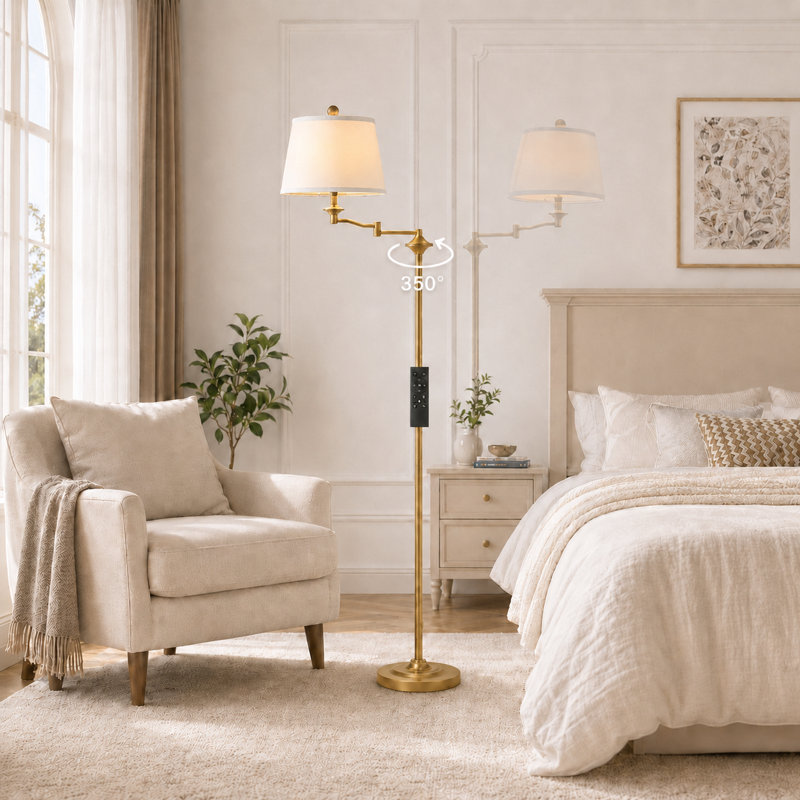 Lampe sur pied à bras pivotant 67 po avec télécommande, Laiton antique