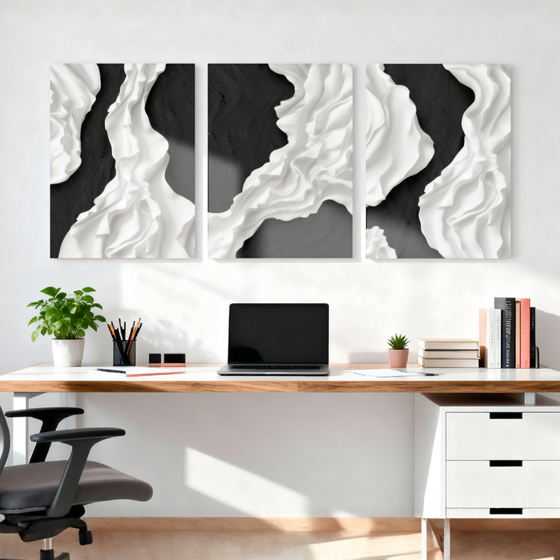 Abstrait noir et blanc à motif de vagues tendues sur toile, ensemble de 3 reproductions de peintures à l'huile