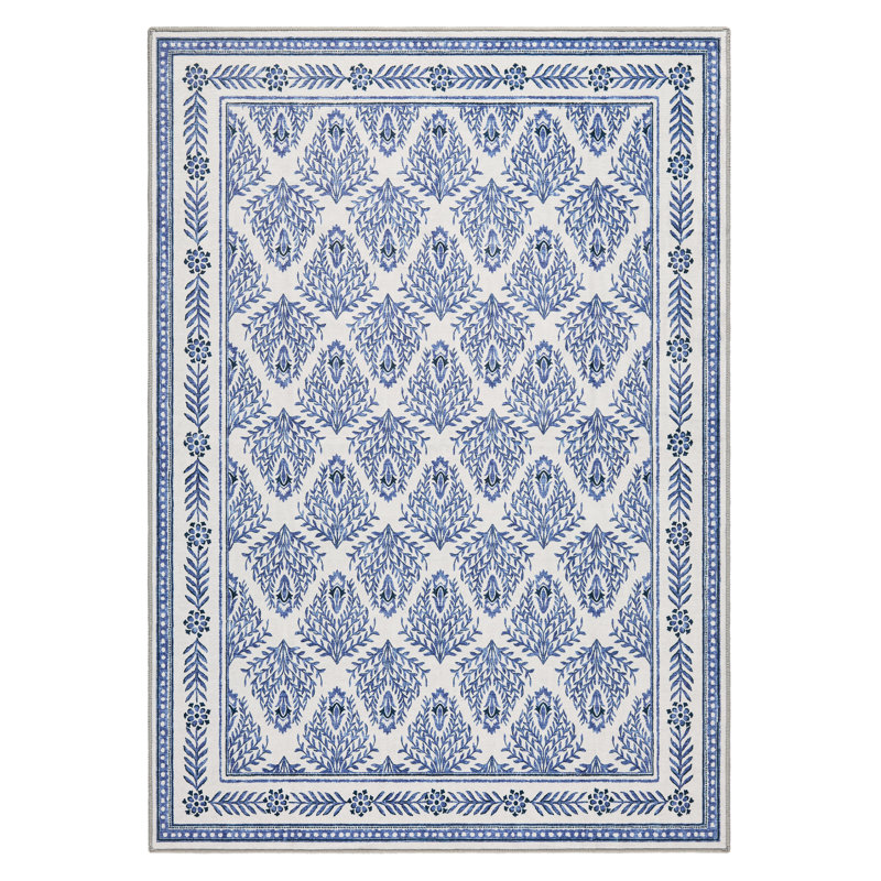 Tapis bleu lavable à la machine avec technologie AirFlo EVERWASH Haven Geo, bleu, 5 pi x 7 pi, Bleu, 5 x 7