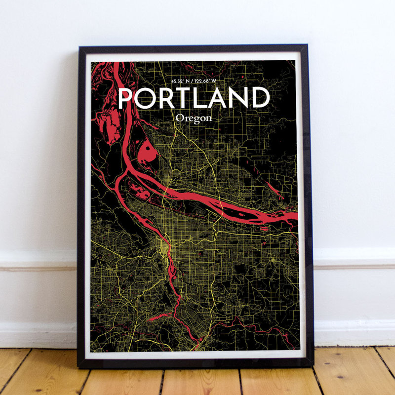 Portland City Map - Unframed Graphic Art Print on Paper, 91.4cm H x 61cm W x 0.13cm D, Yellow/White