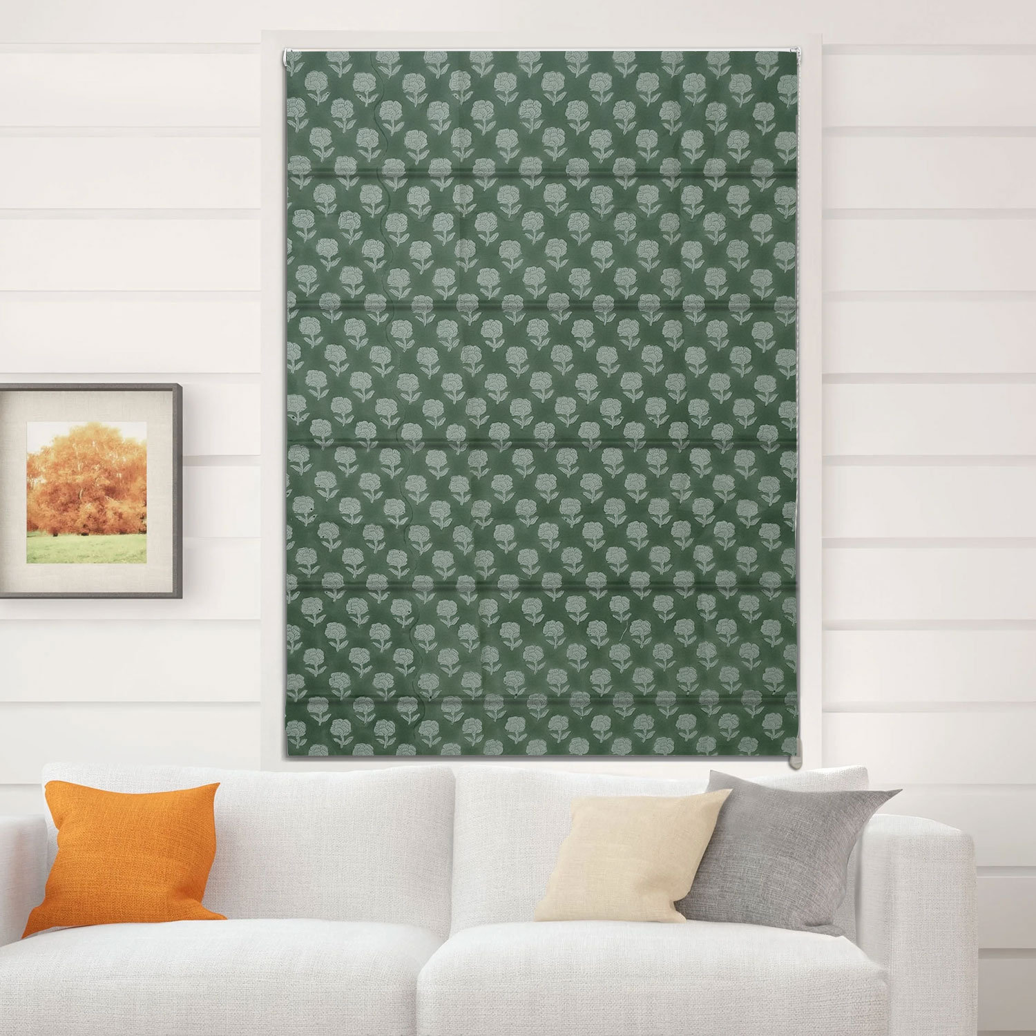  100% Blackout Floral Thick Linen Green Roman Shade for Window Treatments, Kitchen, Hall, French Doors, Cozy Soft Fabric for Stylish Room Darkening Home Decorative Corded Blind, Rohini
