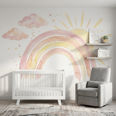 Pastel Rainbow Wallpaper Watercolor Sun Rays Removable Wall Decor