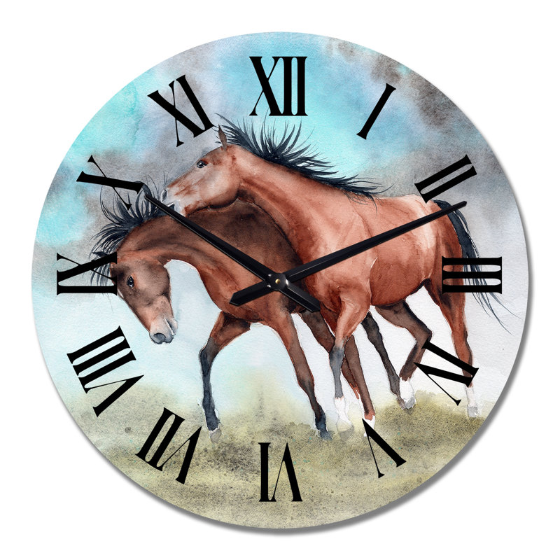 Deux chevaux bruns enjoués sur un fond bleu - Horloge murale traditionnelle, Grand
