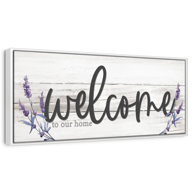 Plaque murale "Welcome to our home" lavande, 37" X 13", Cadre flottant blanc