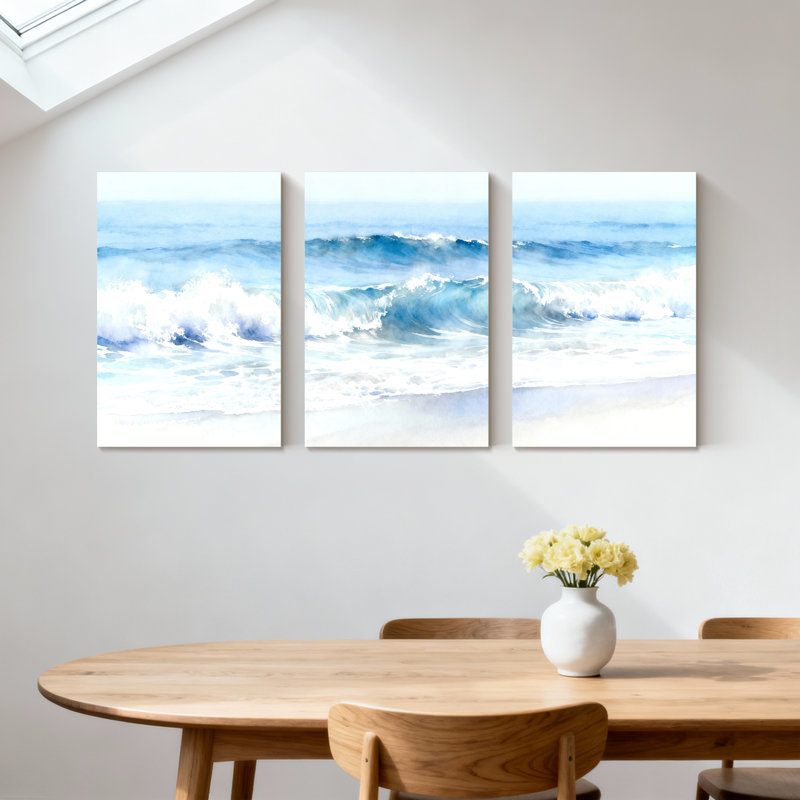 Ensemble de 3 impressions d'art sur toile, "Winter Waves Crashing On Shoreline", H 30 po x l 60 po