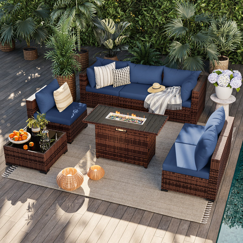 6 - Person Outdoor Wicker Patio Conversation Furniture Set With Fire Pit Table, Navy