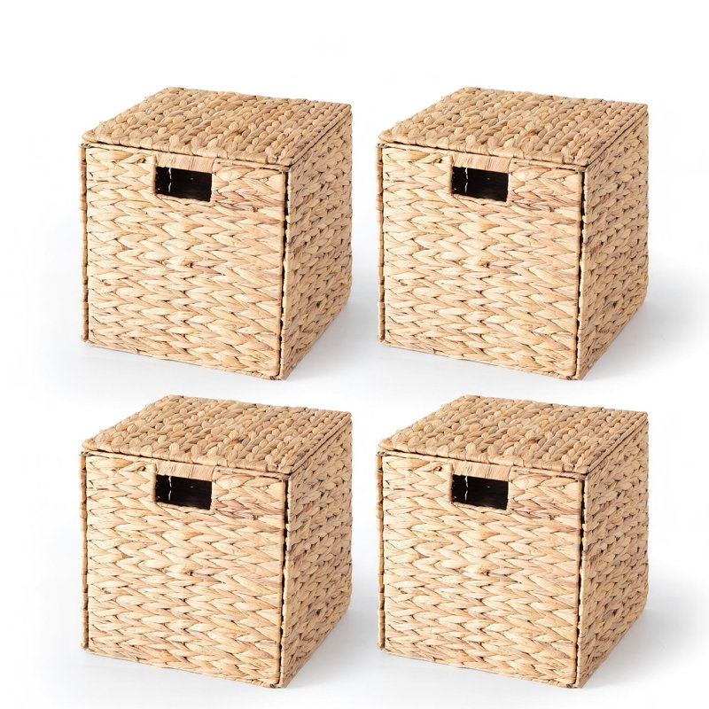 Storage Basket with Lid Foldable Handwoven Water Hyacinth Laundry Cubes Organizer Baskets for organizing,12x12, 4 Set