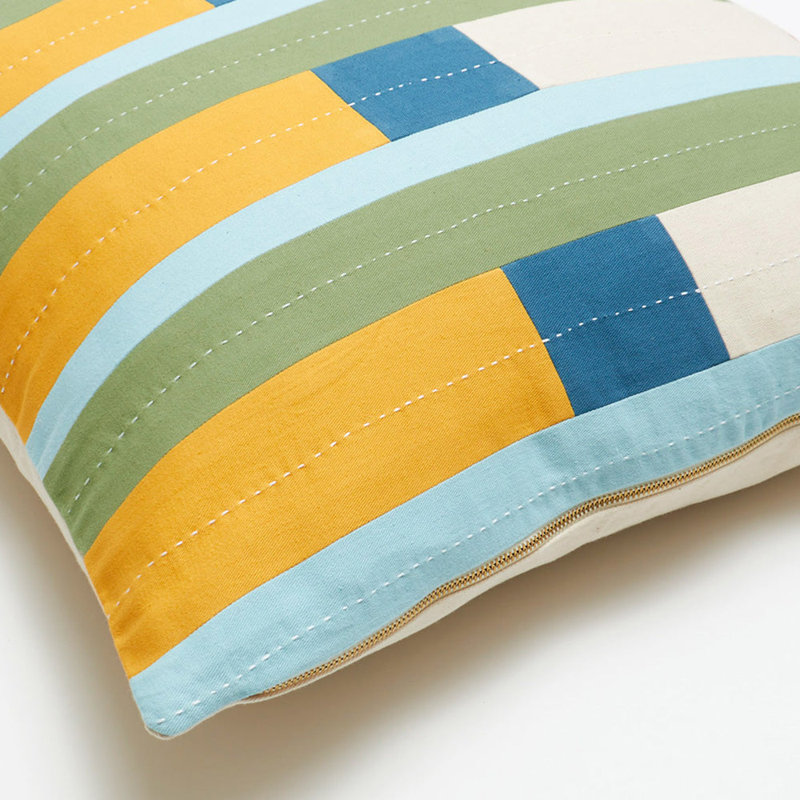 Square Pillow Cover & Insert, Green/White/Yellow, Striped