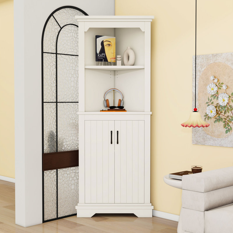 Tall Corner Bathroom Storage Cabinet with Open Shelves and Doors for Space-Saving Storage, White