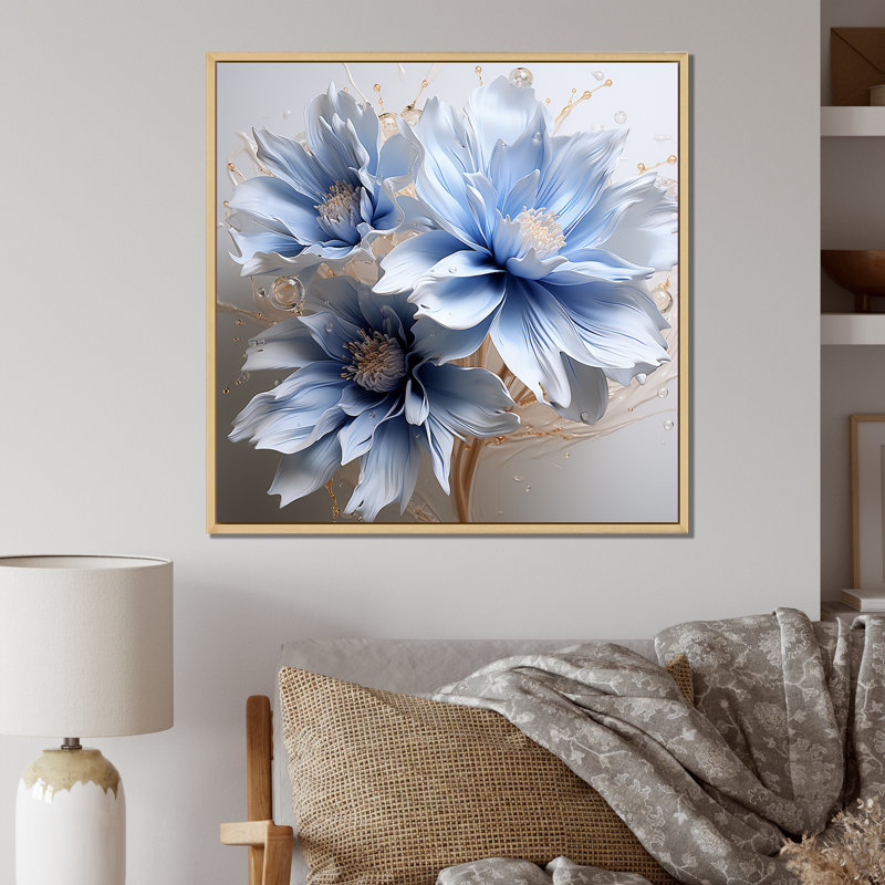 «Dreamy Blue Cornflowers Emotion I» - art mural grand bleuet, Encadrement doré, H 30 po x l 30 po