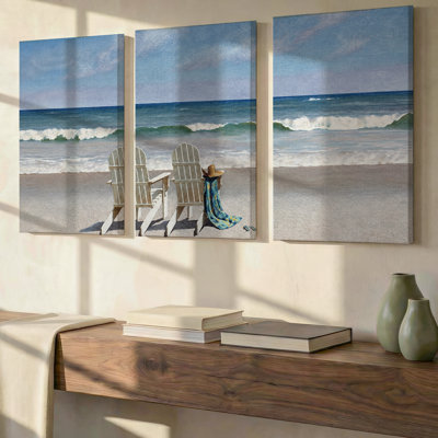 3 Pieces Exculisive Coastal Beach Chairs Large Wall Art Blue Ocean Waves and Sandy Shore Panoramic, Canvas Decor for Living Room, Bedroom and Office