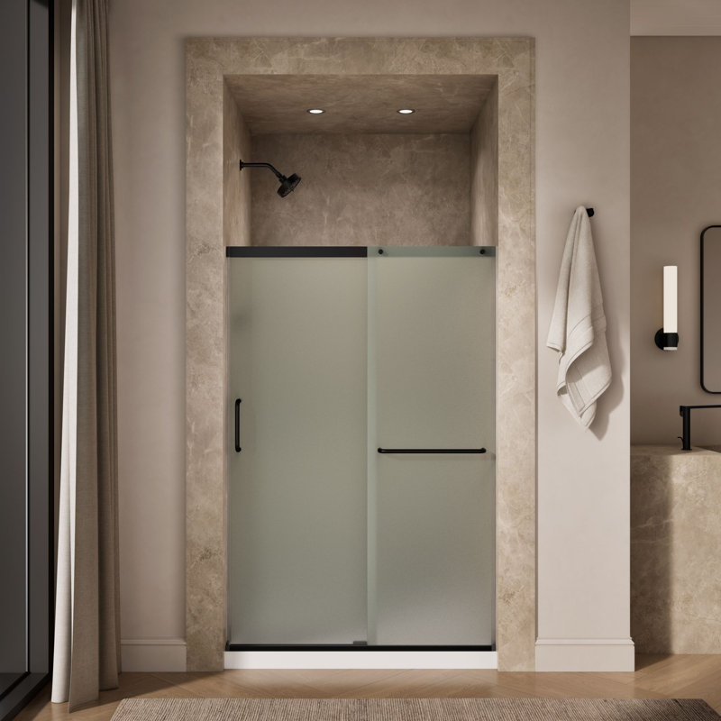Elate Sliding Shower Door, 70-1/2-In H X 44-1/4 - 47-5/8-In W, With 1/4-In Thick Frosted Glass, Black/Frosted
