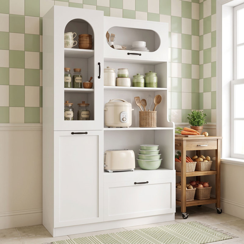 Armoire de cuisine autoportante haute avec tiroir et tablettes ajustables, White