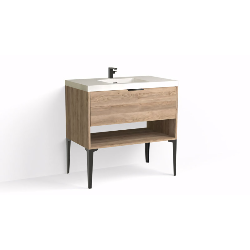 Modo 36" W Freestanding Single Bathroom Vanity with Dean Leg, Glossy White/Single, White Acrylic, Matte Black