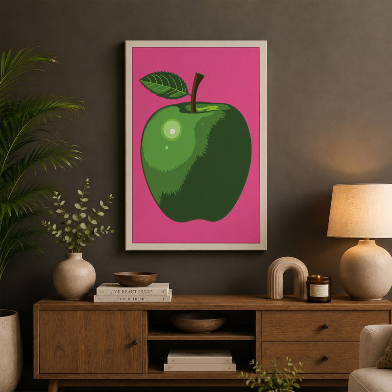 Green Apple on Pink Modern - Wrapped Canvas, 30x20 - 76.2 x 50.8 cm, Taupe Border