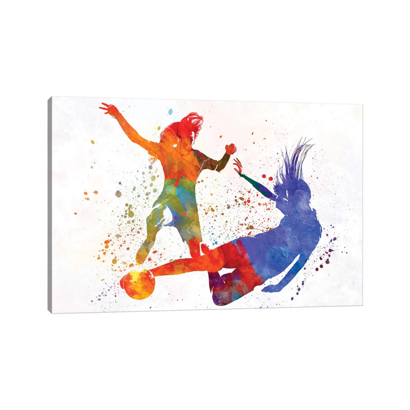 Women Soccer Players In Watercolour II by Paul Rommer - Wrapped Canvas Painting, 66.04cm H x 101.6cm W x 1.91cm D
