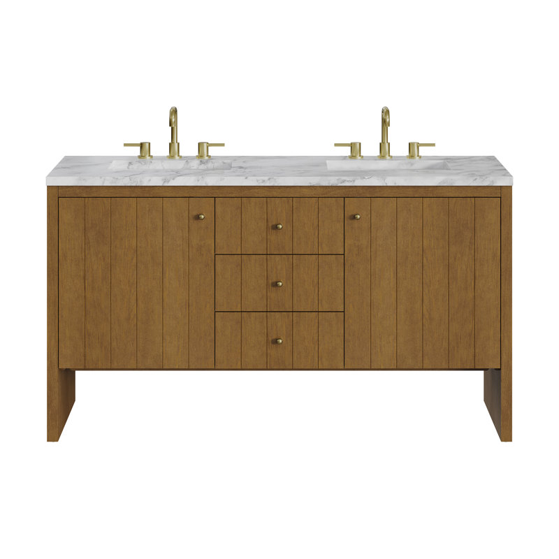 Hudson 60" Double Bathroom Vanity, Carrara White, 8" Widespread, Honey Brown