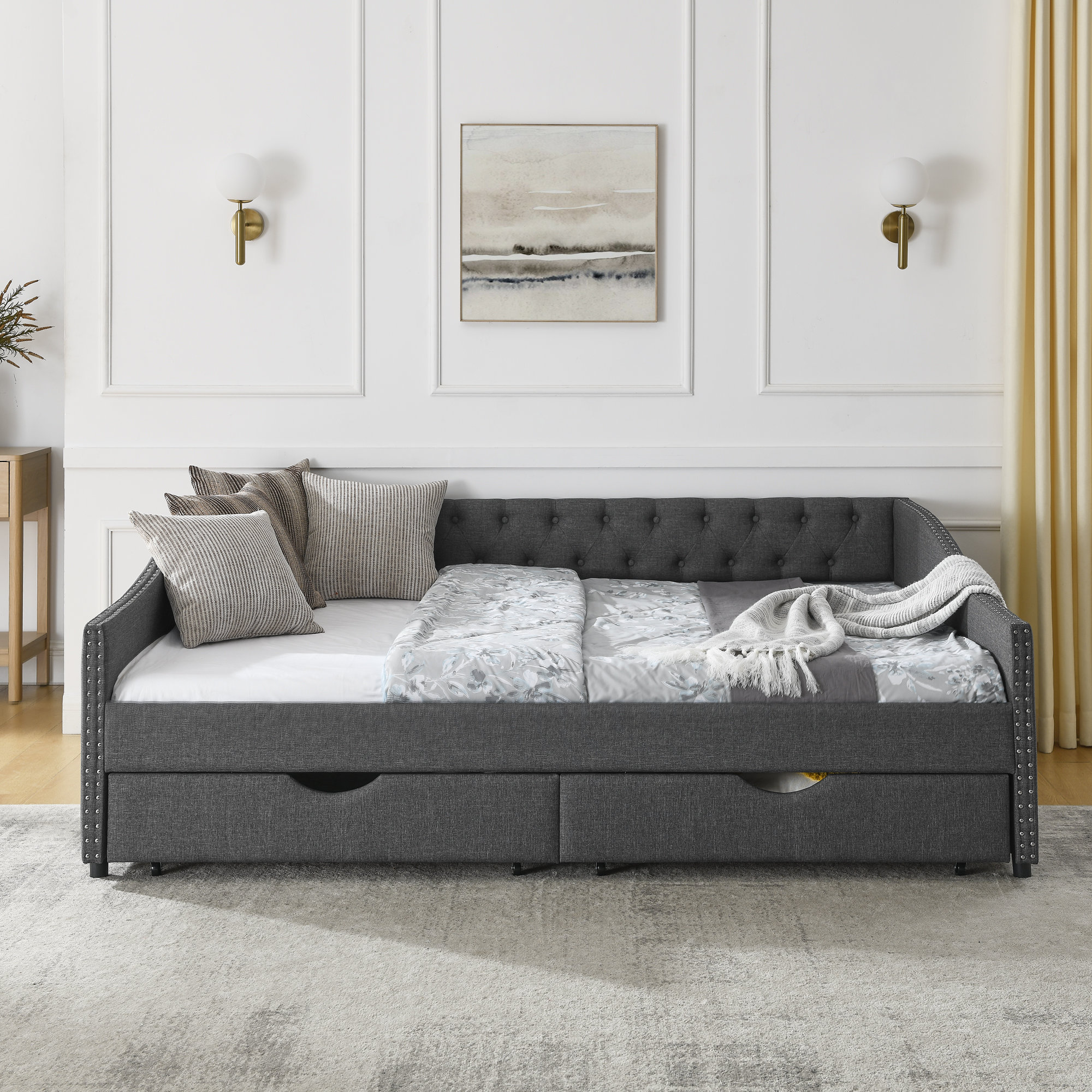 Queen Size Daybed With Drawers Upholstered Tufted Sofa Bed,With Button On Back And Nail On Waved Shape Arms (84.5"X63.5"X26.5") By Rosdorf Park