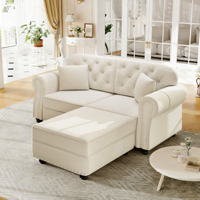Mid-Century Modern 63" Velvet Upholstered Sofa With Nailhead Trim And Button Tufted, Modern Chesterfield Loveseat With 2 Pillows And Ottoman