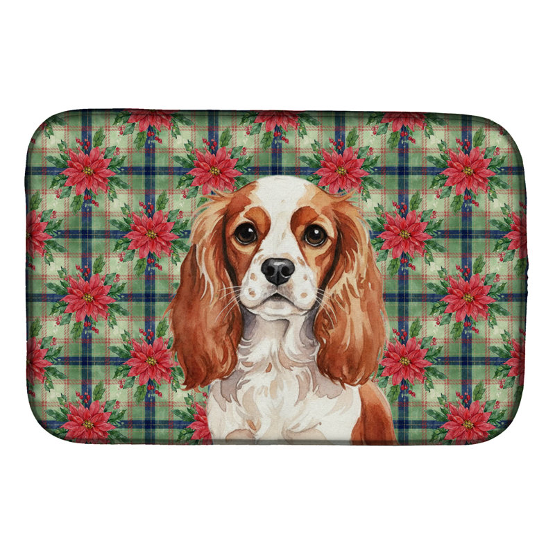 Blenheim English Toy Spaniel Christmas PoinsettIas Dish Drying Mat, Brown/White
