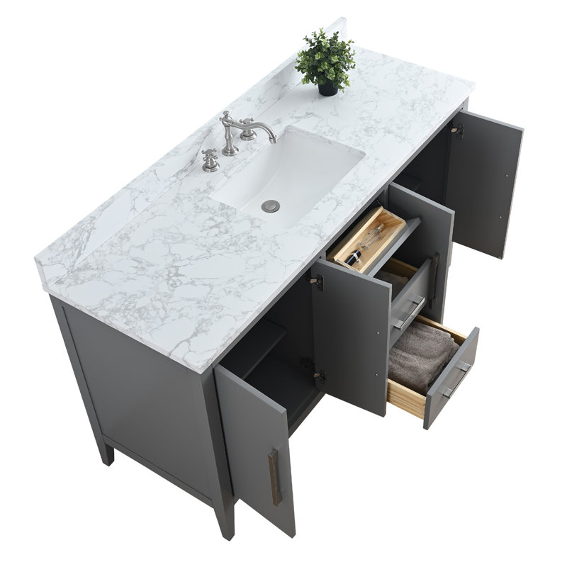 Meuble-lavabo simple 60 po avec plateau en marbre Chambery, Gris cachemire, Nickel brossé