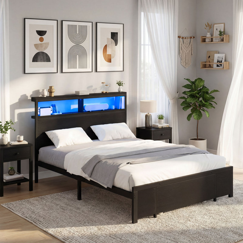 96cm Height Bed Frame with LED Headboard No Box Spring Needed, European Double (140 x 200 cm), Black