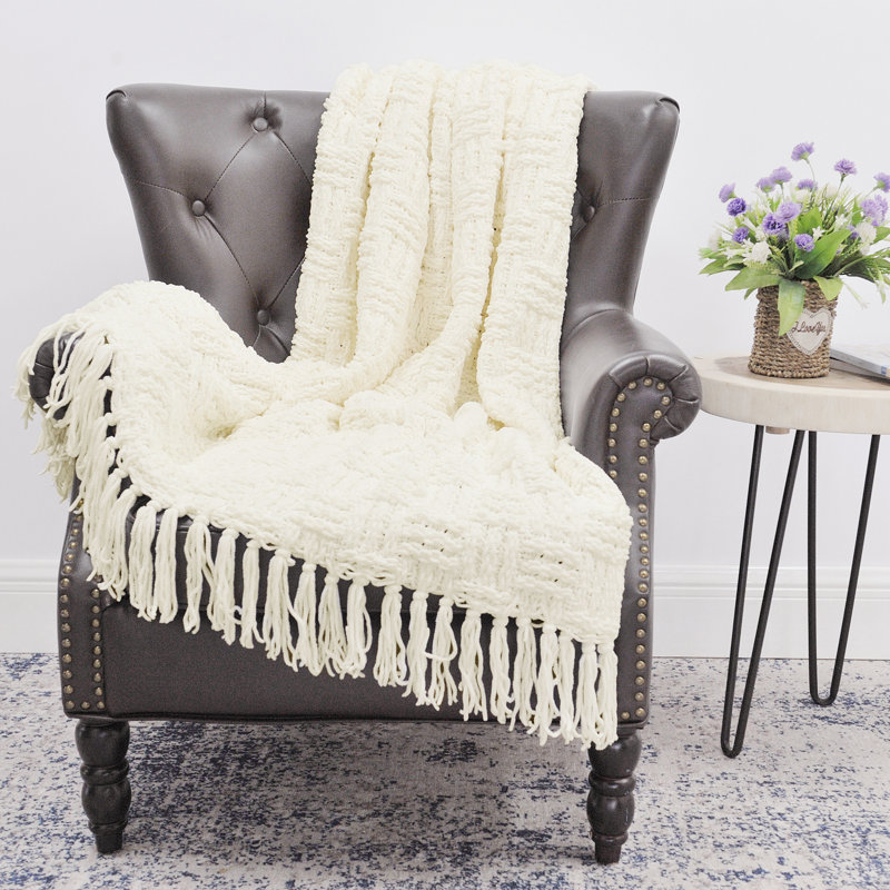 Antique White Cable Knitted Reversible Throw Blanket