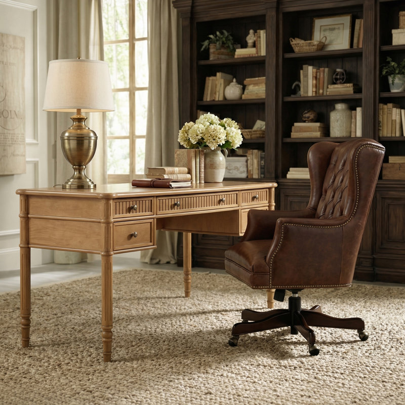 Hoai 55''W Transitional Fluted Simple Assembly Desk with Charging Station and Cable Management, Teak