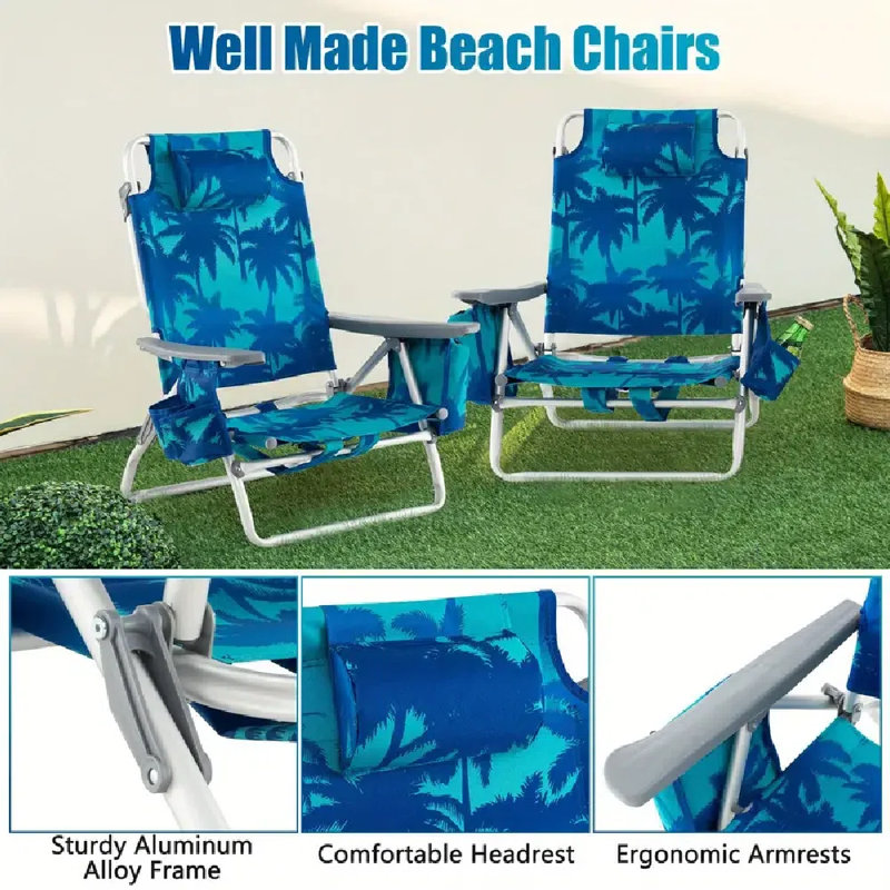 Ensemble de 2 chaises de plage pliables avec sac à dos et 5 positions