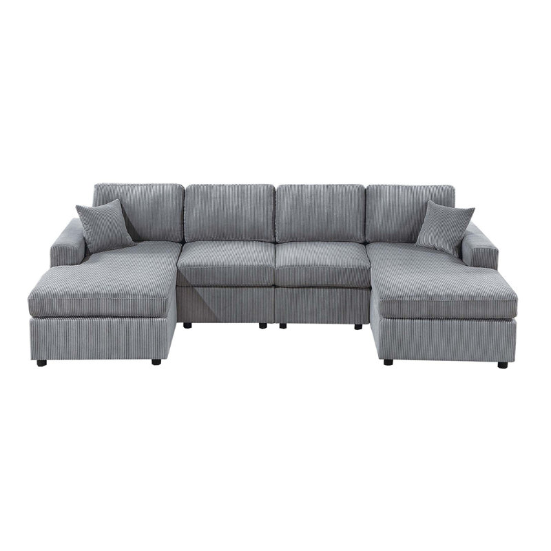 Iny U Sectional Sofa Set With Chaise, Armless Chair, 2 Pillows, Gray Corduroy