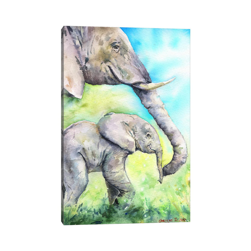 Elephants Happy Family by George Dyachenko - Wrapped Canvas Painting, 20.32 cm H x 30.48 cm W